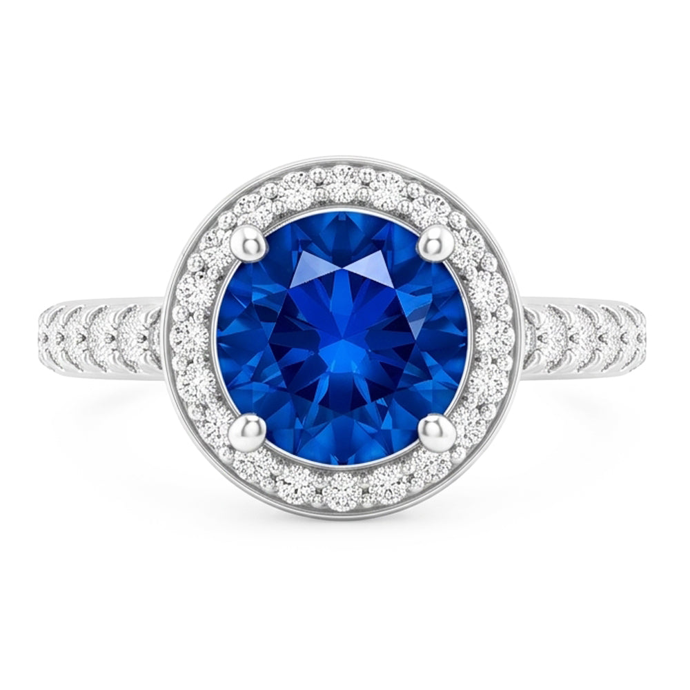 Anello Halo con Zaffiro Blu da 2,50 Carati e Diamante Rotondo in Oro Bianco 14K
