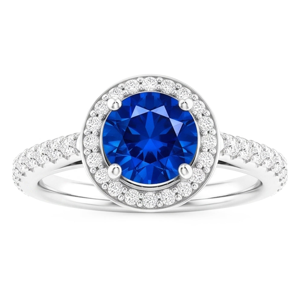 Anello Halo con Zaffiro Blu da 2,50 Carati e Diamante Rotondo in Oro Bianco 14K