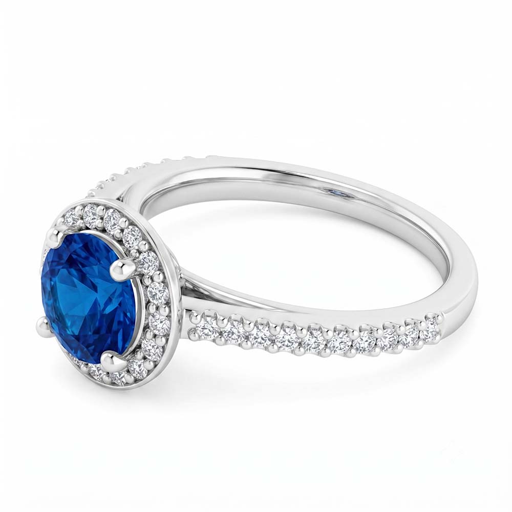 Anello Halo con Zaffiro Blu da 2,50 Carati e Diamante Rotondo in Oro Bianco 14K