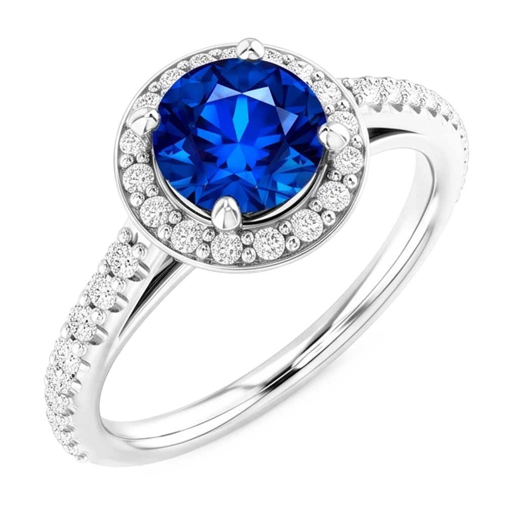 Anello Halo con Zaffiro Blu da 2,50 Carati e Diamante Rotondo in Oro Bianco 14K
