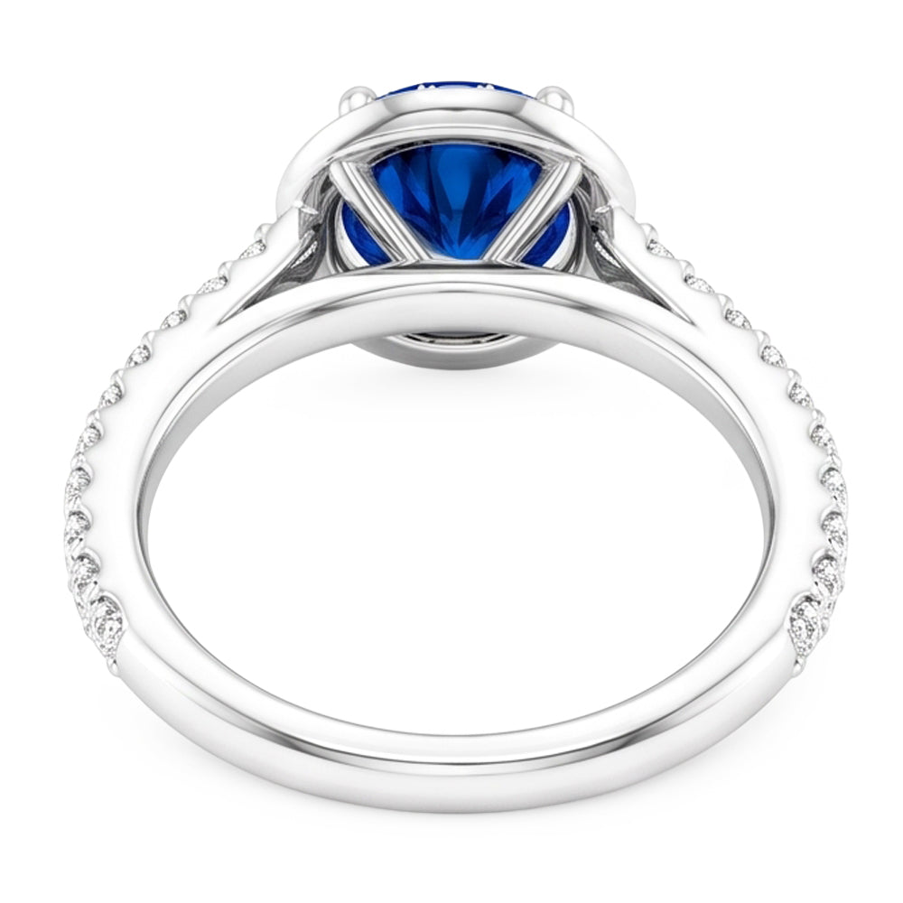 Anello Halo con Zaffiro Blu da 2,50 Carati e Diamante Rotondo in Oro Bianco 14K