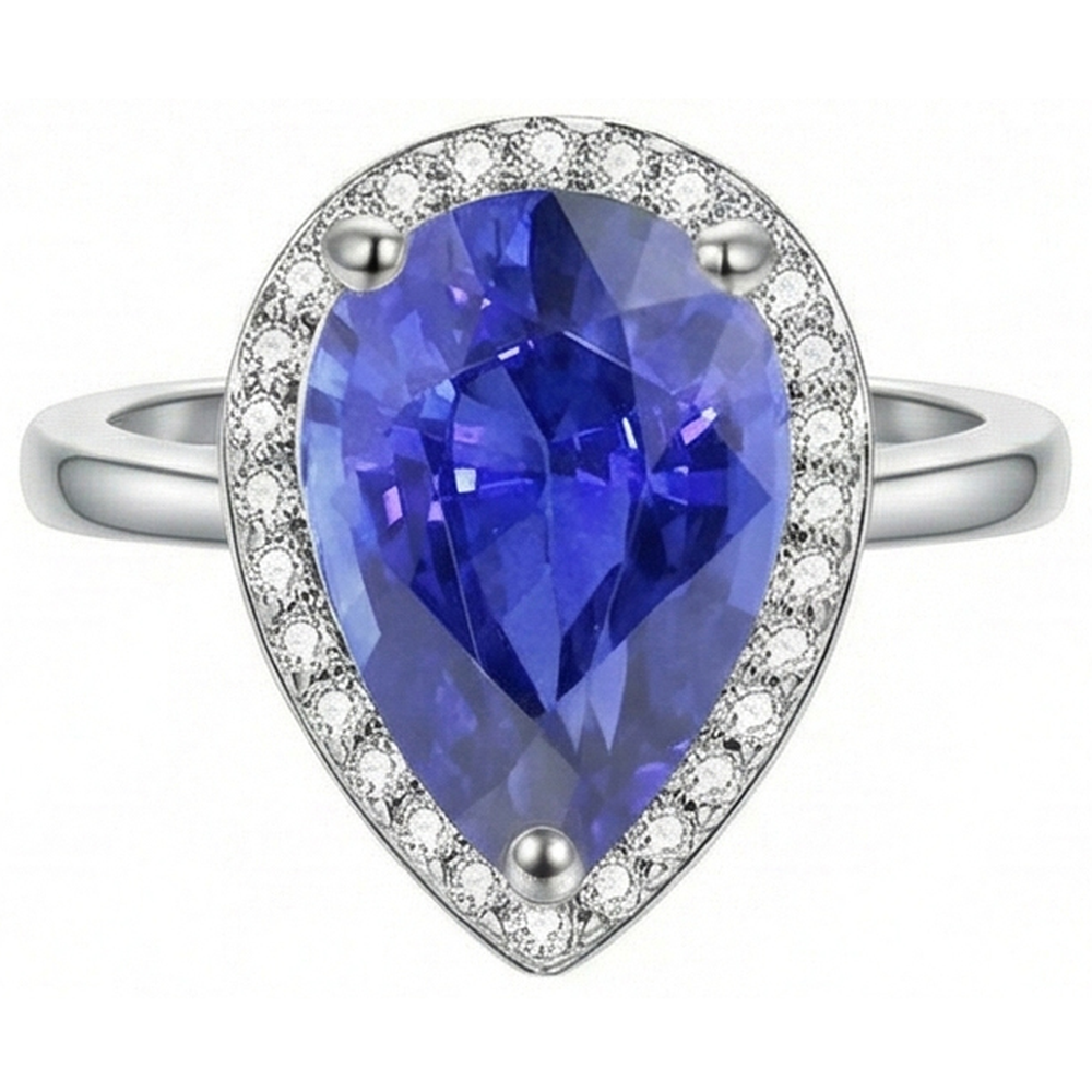 Anello Halo con Zaffiro Ceylon 4 carati e diamanti in oro bianco 14K