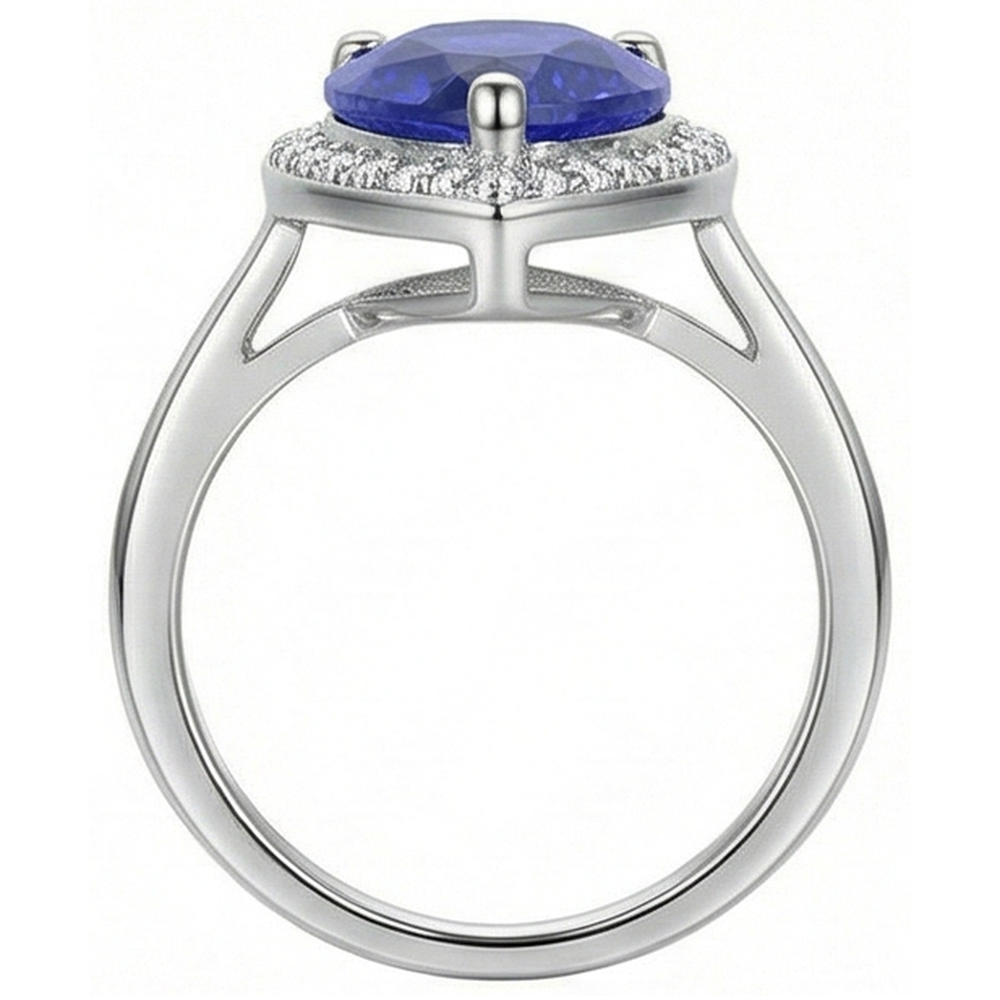 Anello Halo con Zaffiro Ceylon 4 carati e diamanti in oro bianco 14K