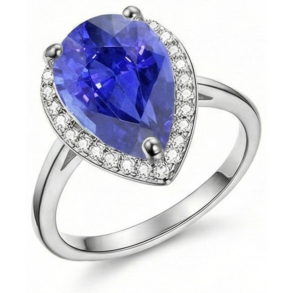 Anello Halo con Zaffiro Ceylon 4 carati e diamanti in oro bianco 14K