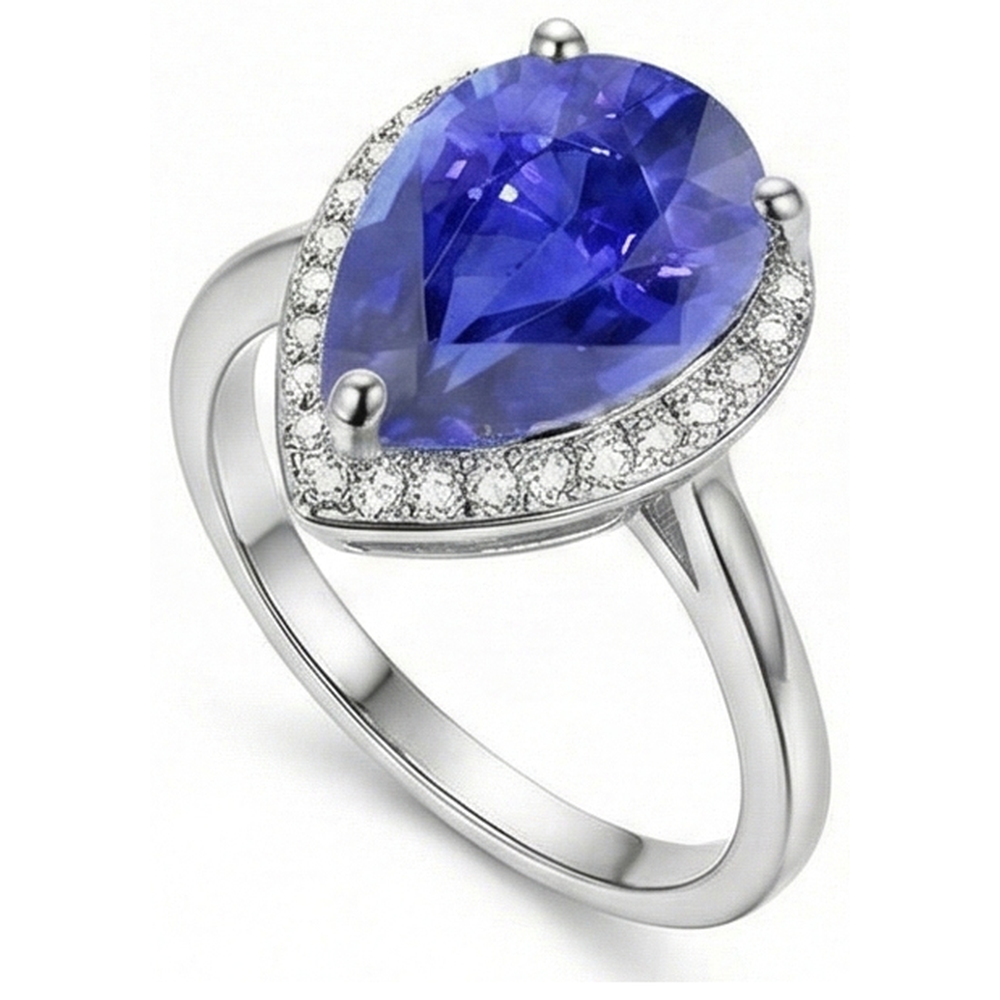 Anello Halo con Zaffiro Ceylon 4 carati e diamanti in oro bianco 14K