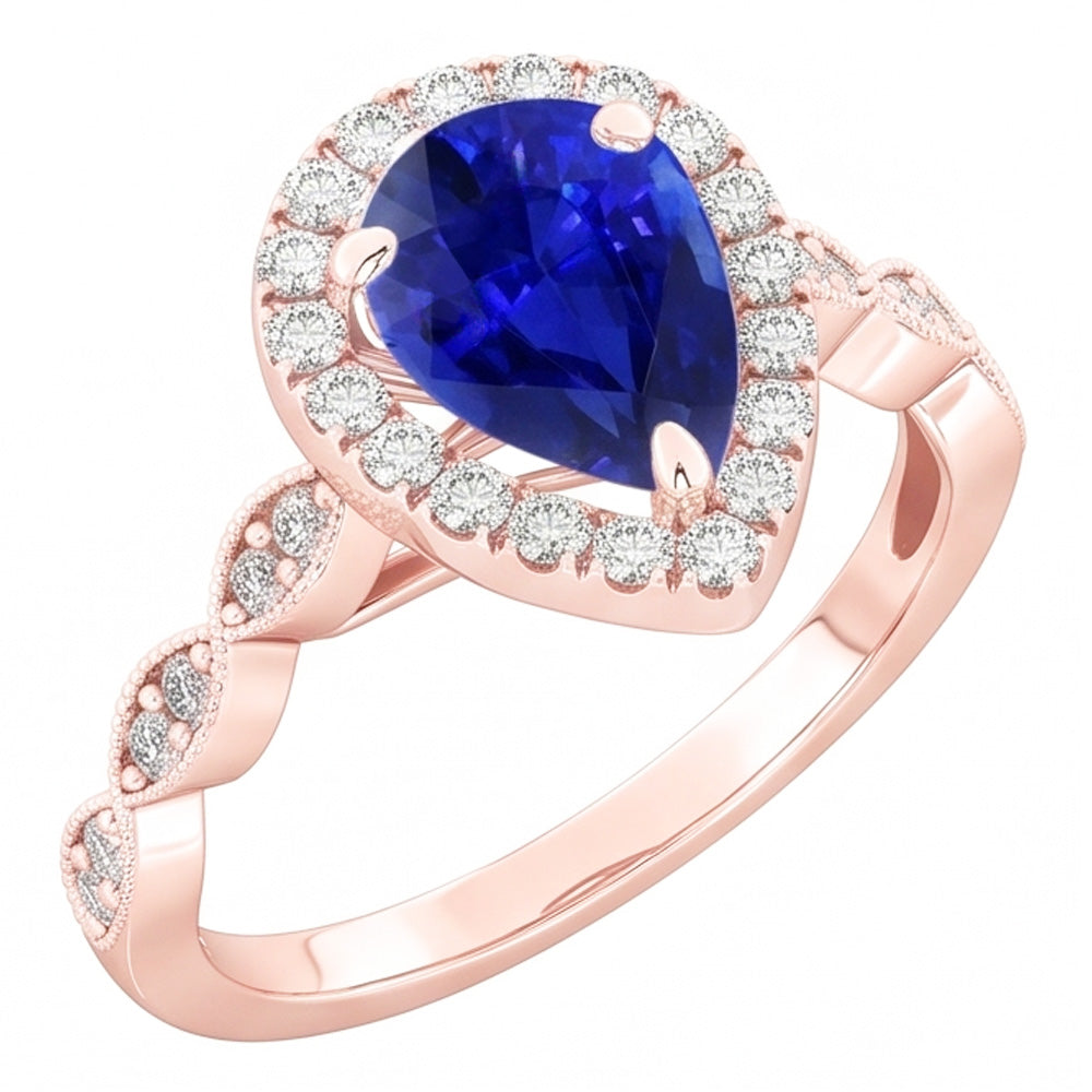 Anello Halo con Zaffiro dello Sri Lanka di Pera 5 Carati e Diamante Naturale Autentico ( non creato in laboratorio ) Rotondo
