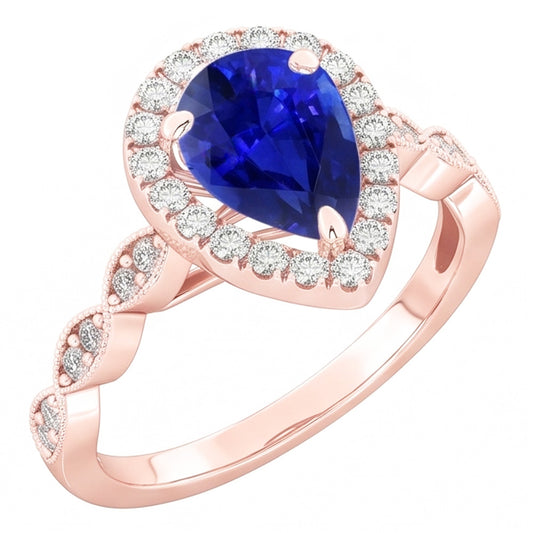 Anello Halo con Zaffiro dello Sri Lanka di Pera 5 Carati e Diamante Naturale Autentico ( non creato in laboratorio ) Rotondo