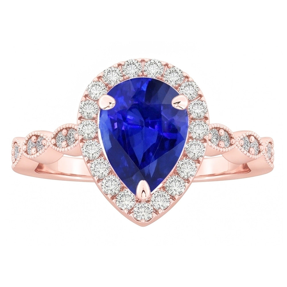 Anello Halo con Zaffiro dello Sri Lanka di Pera 5 Carati e Diamante Naturale Autentico ( non creato in laboratorio ) Rotondo