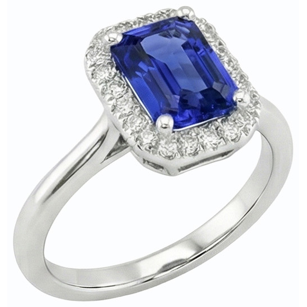 Anello Halo con diamante a taglio brillante 3 carati blu zaffiro oro bianco 14K