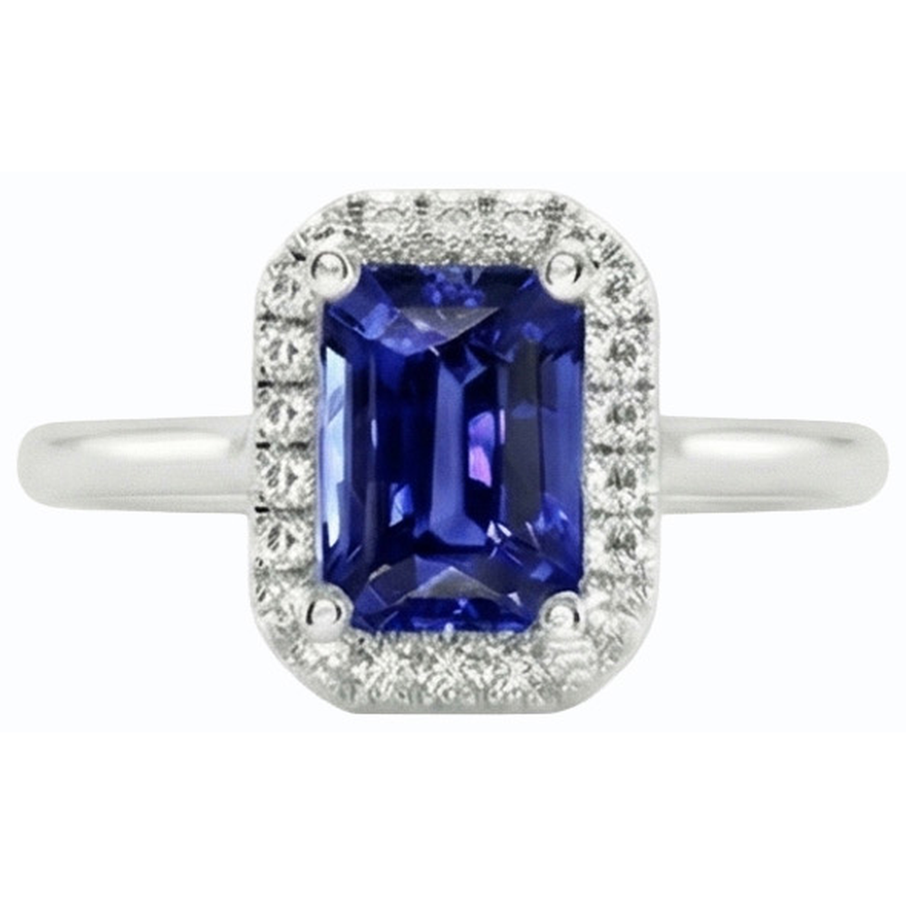 Anello Halo con diamante a taglio brillante 3 carati blu zaffiro oro bianco 14K