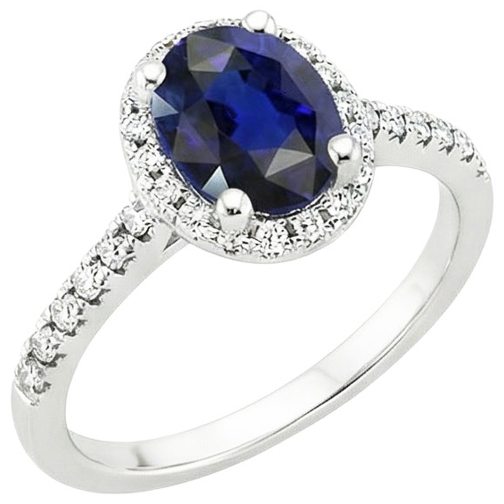 Anello Halo con diamante a taglio ovale con zaffiro dello Sri Lanka da 4 carati