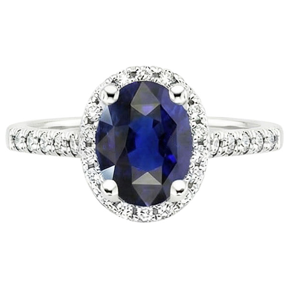 Anello Halo con diamante a taglio ovale con zaffiro dello Sri Lanka da 4 carati