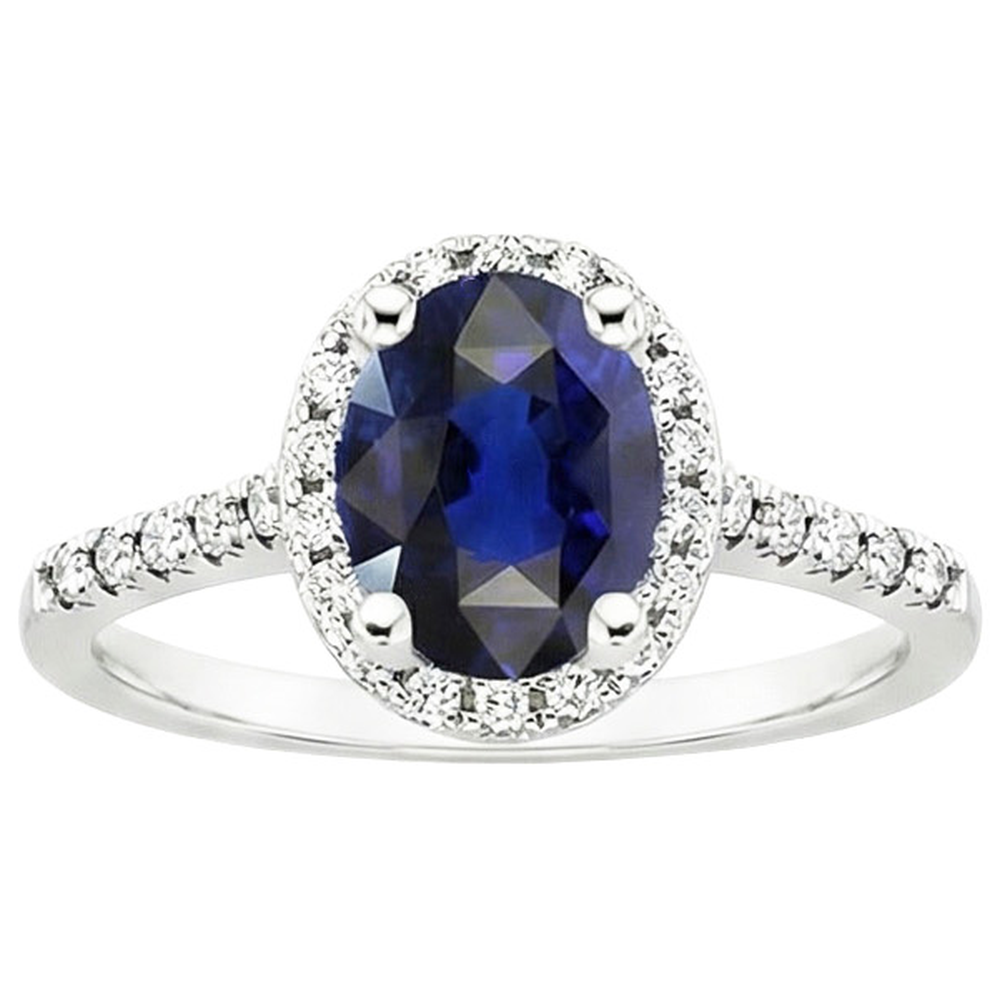 Anello Halo con diamante a taglio ovale con zaffiro dello Sri Lanka da 4 carati