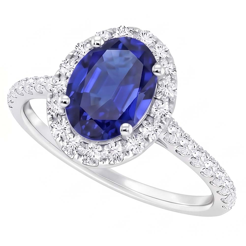 Anello Halo con diamante ovale. zaffiro blu accentato. oro bianco 5.50 carati