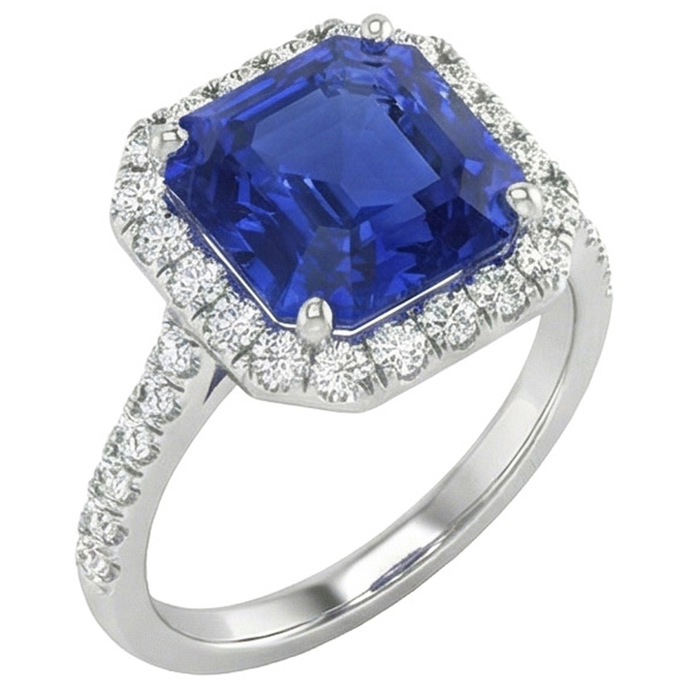 Anello Halo con diamante rotondo e zaffiro blu taglio Asscher 5.75 carati Nuovo