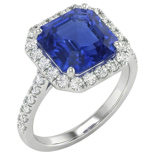 Anello Halo con diamante rotondo e zaffiro blu taglio Asscher 5.75 carati Nuovo
