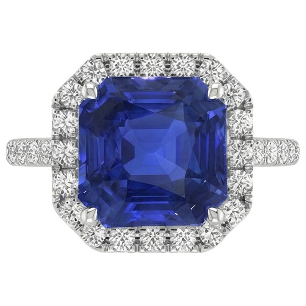 Anello Halo con diamante rotondo e zaffiro blu taglio Asscher 5.75 carati Nuovo