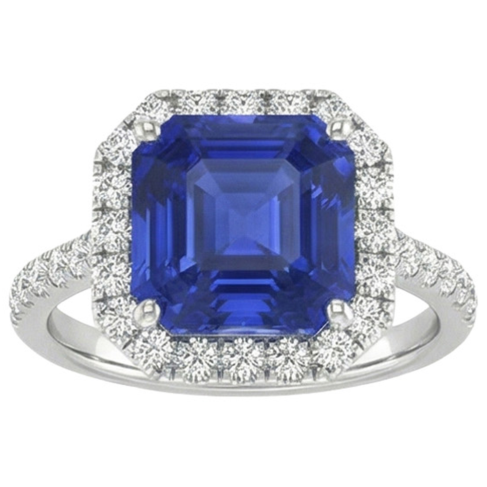 Anello Halo con diamante rotondo e zaffiro blu taglio Asscher 5.75 carati Nuovo