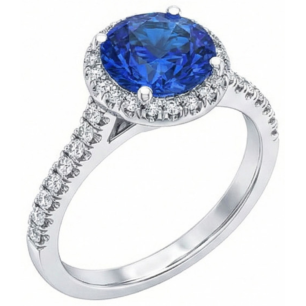 Anello Halo con diamante rotondo in zaffiro blu dello Sri Lanka da 2,20 carati in oro 14K
