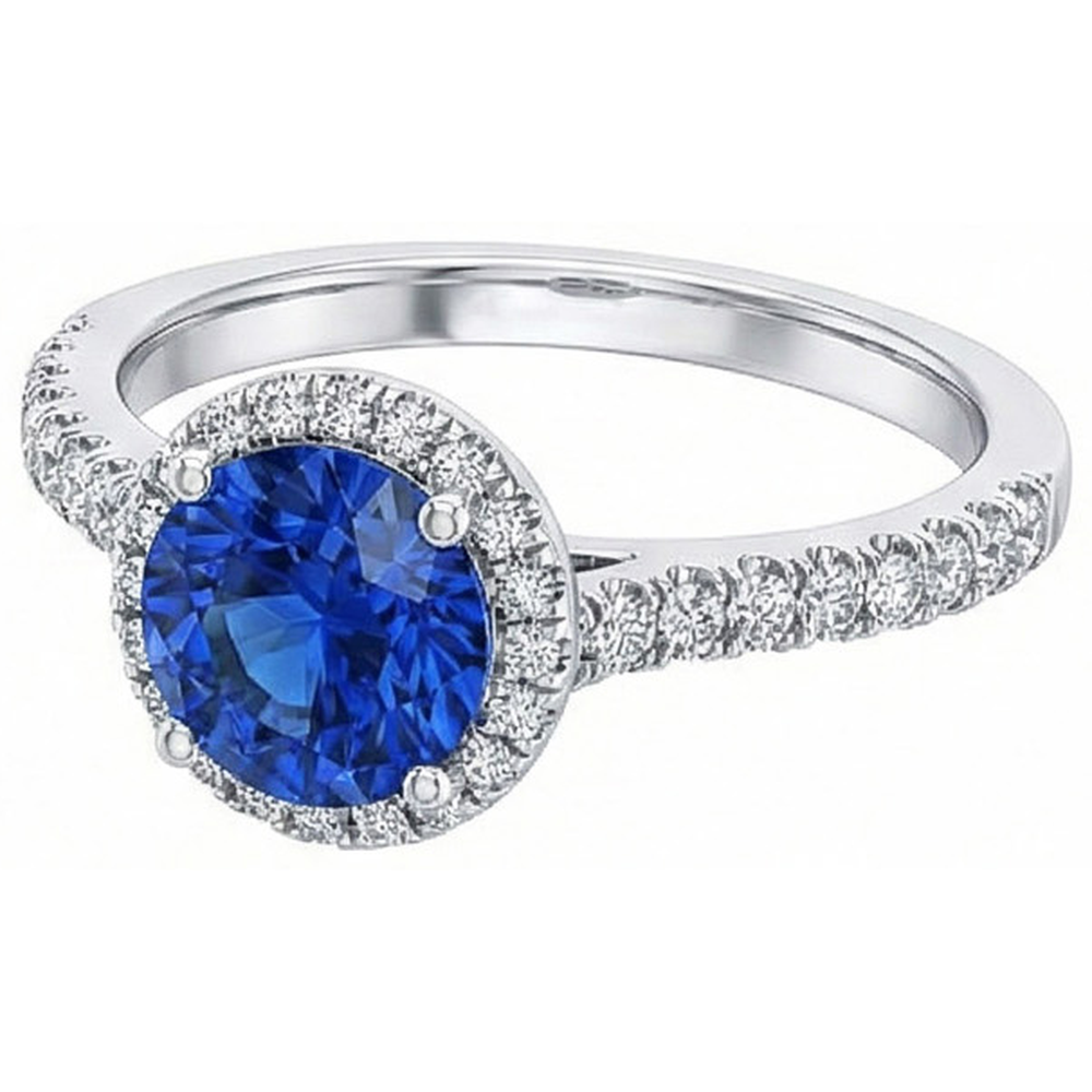 Anello Halo con diamante rotondo in zaffiro blu dello Sri Lanka da 2,20 carati in oro 14K
