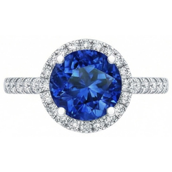 Anello Halo con diamante rotondo in zaffiro blu dello Sri Lanka da 2,20 carati in oro 14K