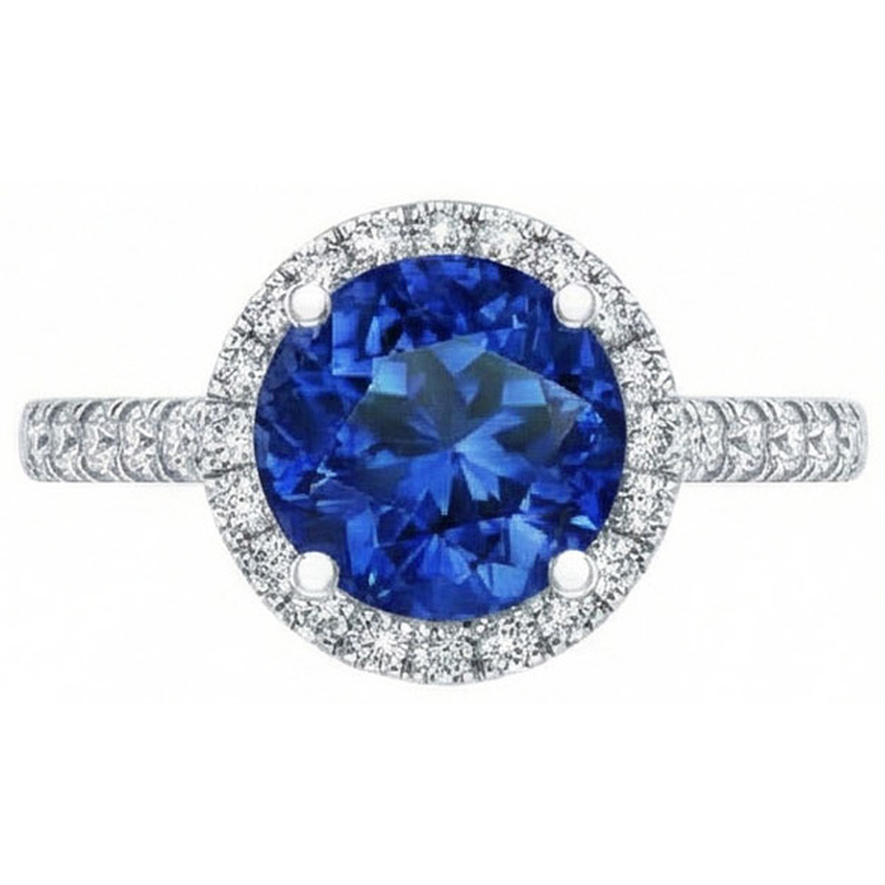 Anello Halo con diamante rotondo in zaffiro blu dello Sri Lanka da 2,20 carati in oro 14K