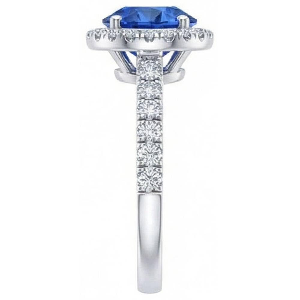Anello Halo con diamante rotondo in zaffiro blu dello Sri Lanka da 2,20 carati in oro 14K