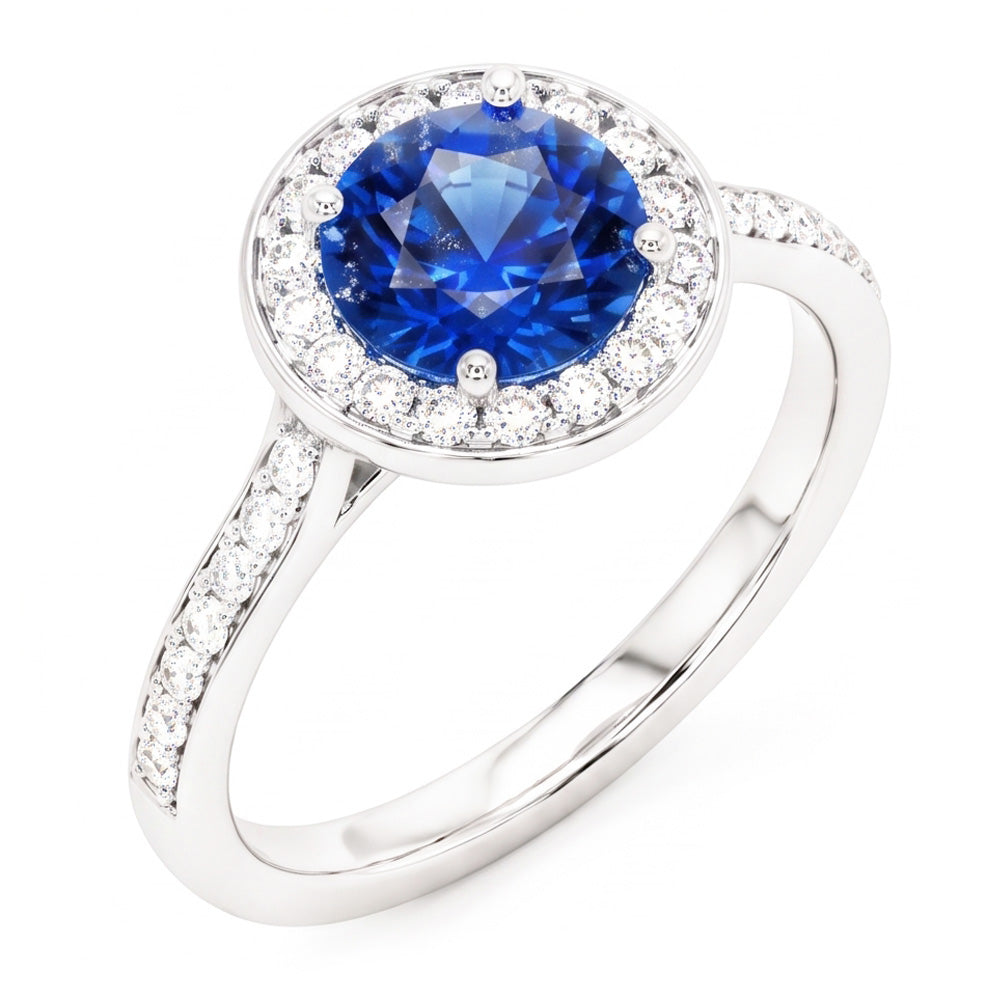 Anello Halo con diamante rotondo. zaffiro di Ceylon. 4 carati. accenti in oro bianco