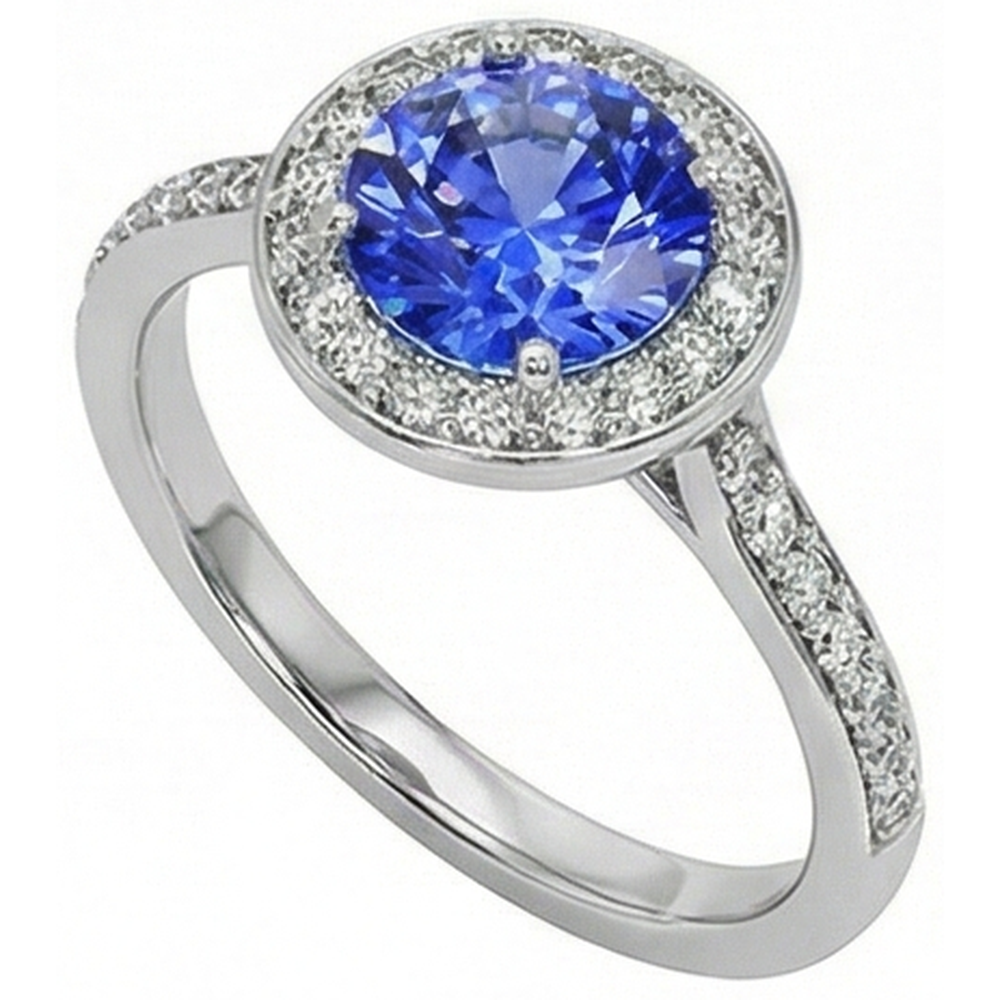 Anello Halo con diamante rotondo. zaffiro di Ceylon. 4 carati. accenti in oro bianco