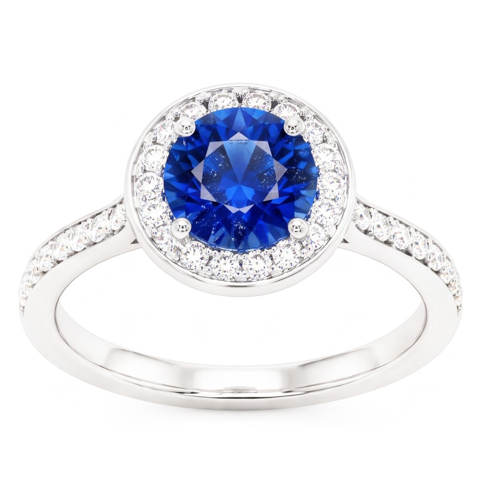 Anello Halo con diamante rotondo. zaffiro di Ceylon. 4 carati. accenti in oro bianco