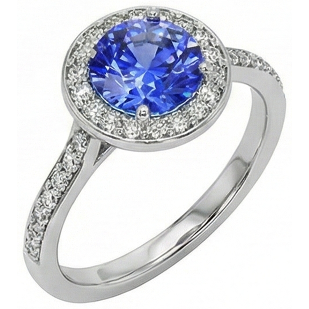 Anello Halo con diamante rotondo. zaffiro di Ceylon. 4 carati. accenti in oro bianco
