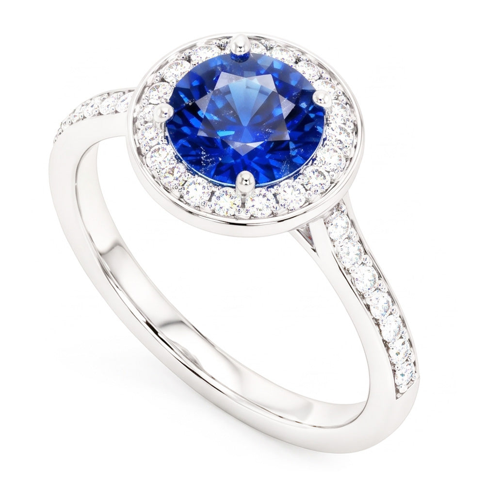 Anello Halo con diamante rotondo. zaffiro di Ceylon. 4 carati. accenti in oro bianco