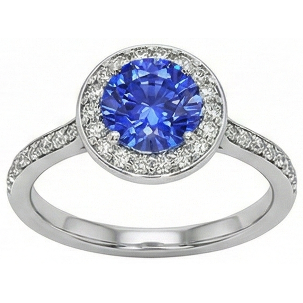 Anello Halo con diamante rotondo. zaffiro di Ceylon. 4 carati. accenti in oro bianco