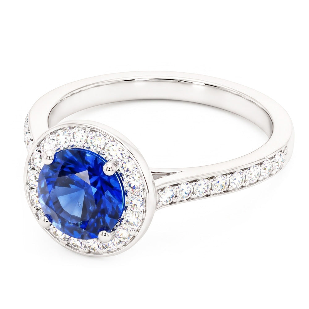 Anello Halo con diamante rotondo. zaffiro di Ceylon. 4 carati. accenti in oro bianco