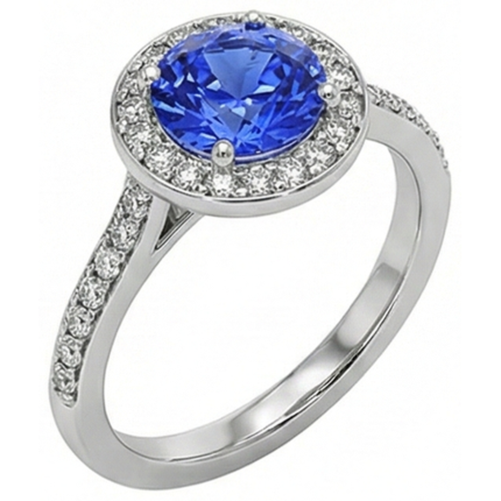 Anello Halo con diamante rotondo. zaffiro di Ceylon. 4 carati. accenti in oro bianco