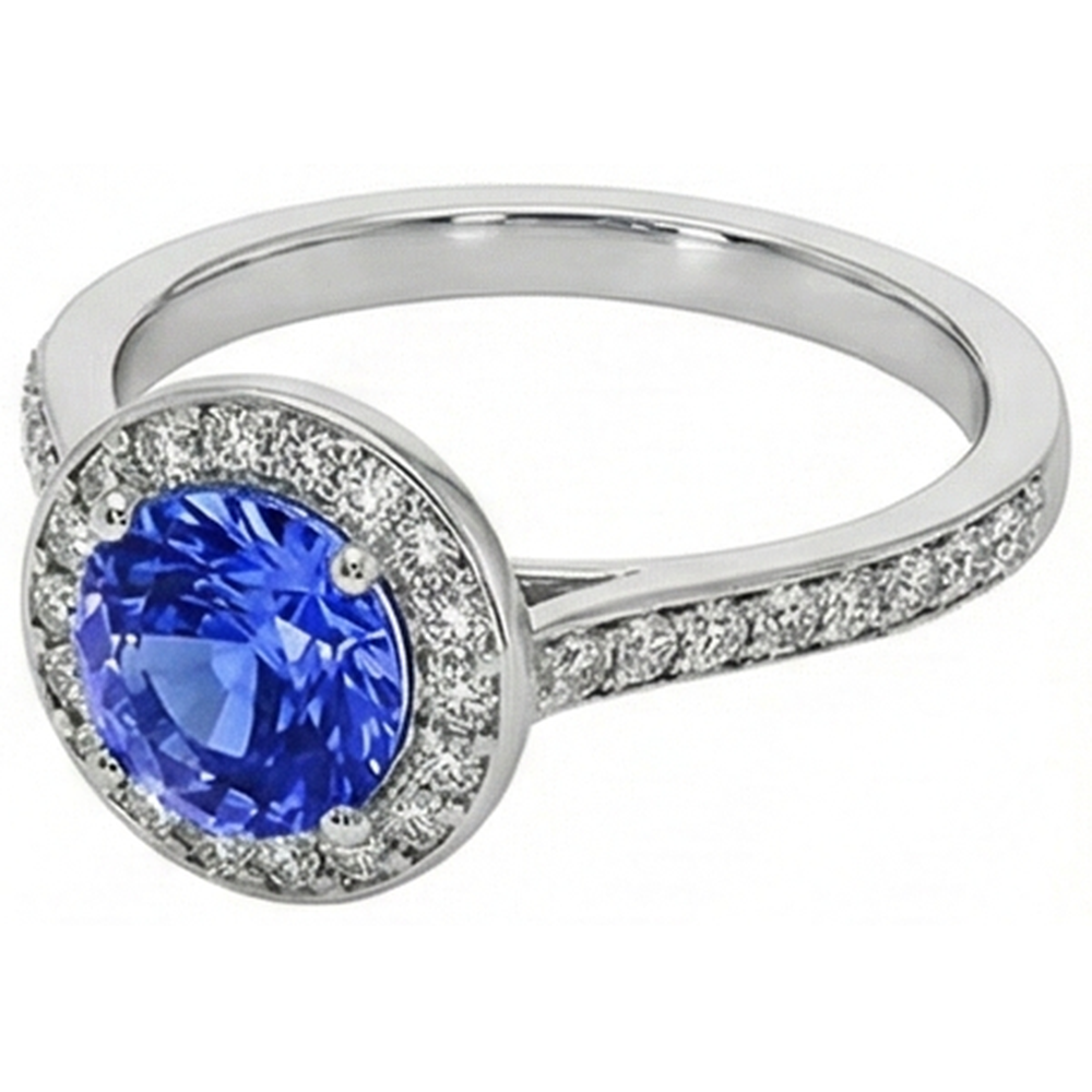Anello Halo con diamante rotondo. zaffiro di Ceylon. 4 carati. accenti in oro bianco