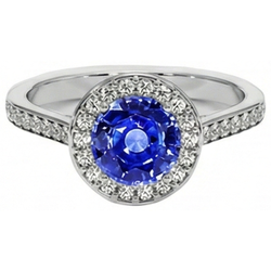 Anello Halo con diamante rotondo. zaffiro di Ceylon. 4 carati. accenti in oro bianco