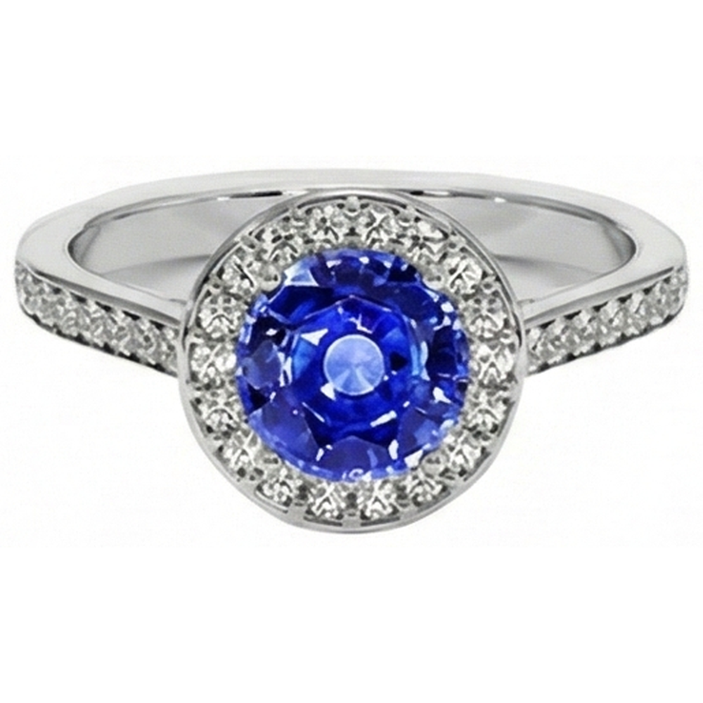 Anello Halo con diamante rotondo. zaffiro di Ceylon. 4 carati. accenti in oro bianco