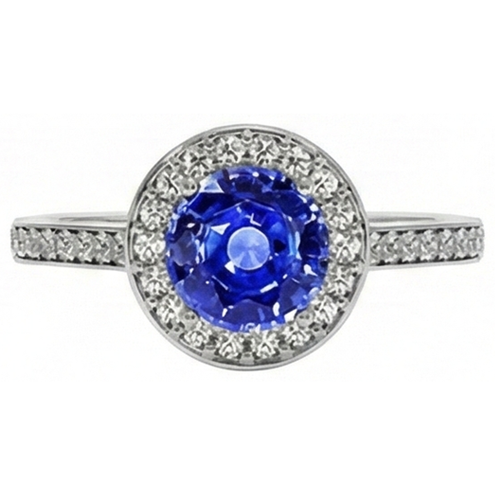 Anello Halo con diamante rotondo. zaffiro di Ceylon. 4 carati. accenti in oro bianco