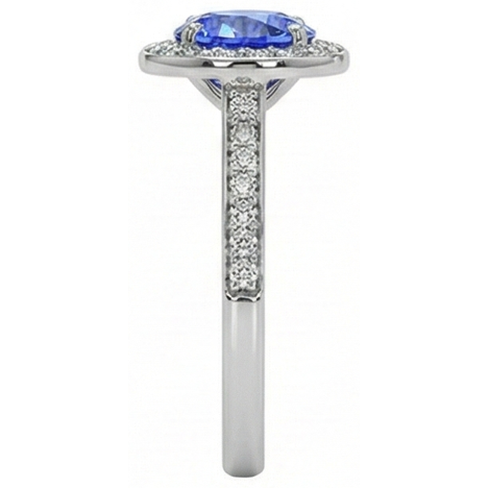 Anello Halo con diamante rotondo. zaffiro di Ceylon. 4 carati. accenti in oro bianco