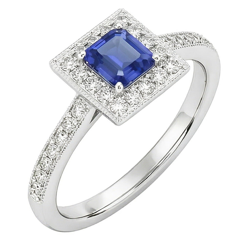 Anello Halo con diamante smeraldo blu zaffiro 3 carati oro bianco 14K