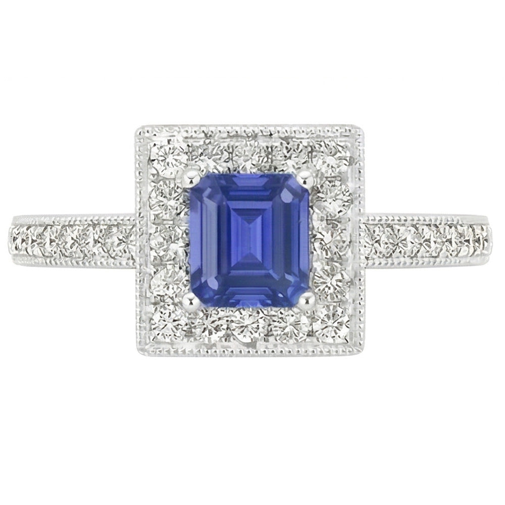 Anello Halo con diamante smeraldo blu zaffiro 3 carati oro bianco 14K