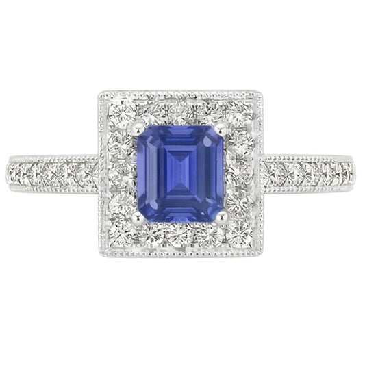 Anello Halo con diamante smeraldo blu zaffiro 3 carati oro bianco 14K