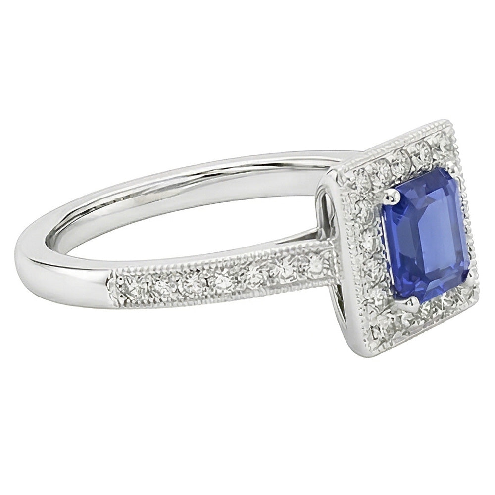 Anello Halo con diamante smeraldo blu zaffiro 3 carati oro bianco 14K