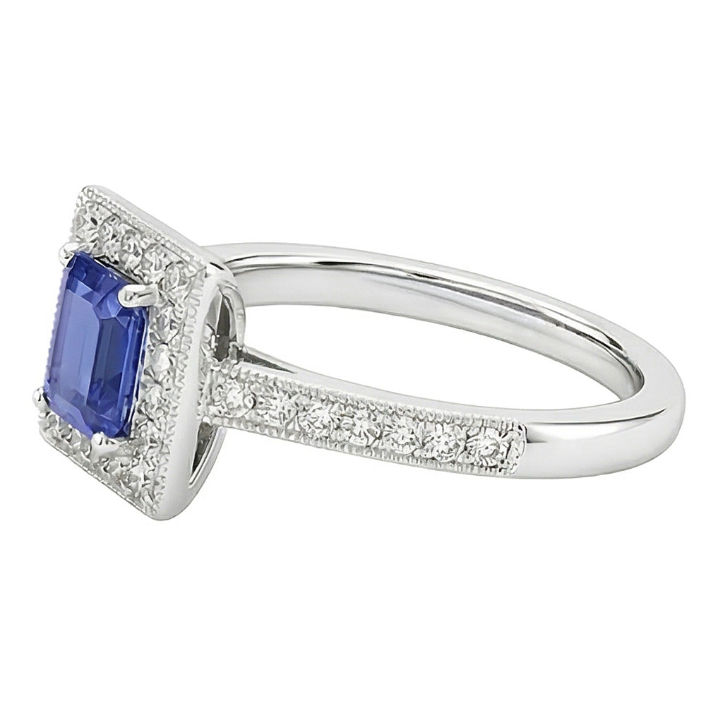 Anello Halo con diamante smeraldo blu zaffiro 3 carati oro bianco 14K