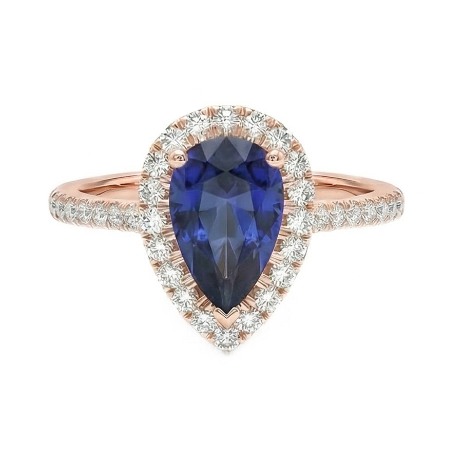 Anello Halo con diamanti zaffiro blu naturale Pear da 3 carati in oro rosa 14K