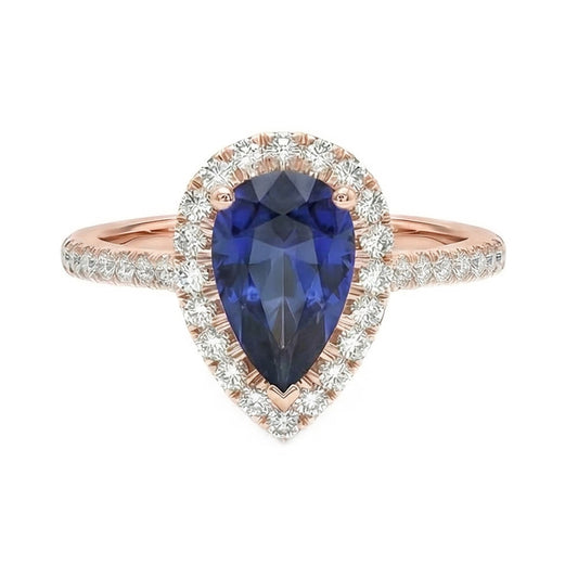 Anello Halo con diamanti zaffiro blu naturale Pear da 3 carati in oro rosa 14K
