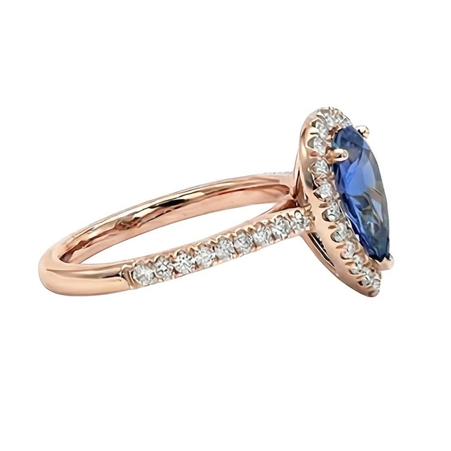 Anello Halo con diamanti zaffiro blu naturale Pear da 3 carati in oro rosa 14K