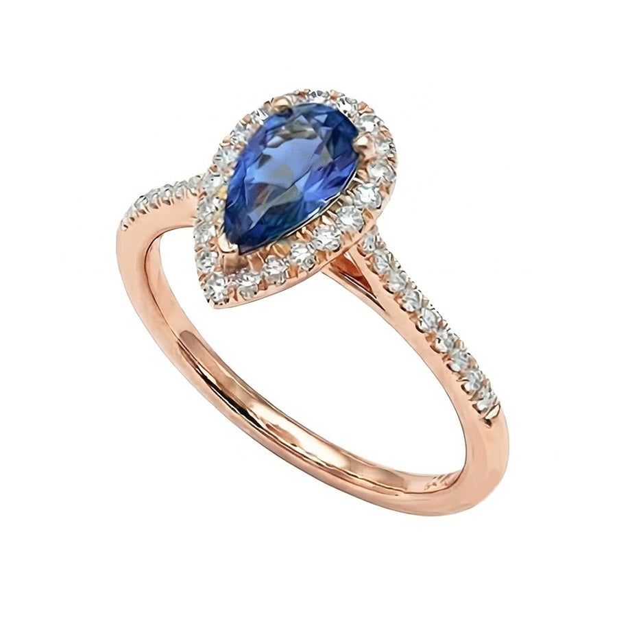 Anello Halo con diamanti zaffiro blu naturale Pear da 3 carati in oro rosa 14K