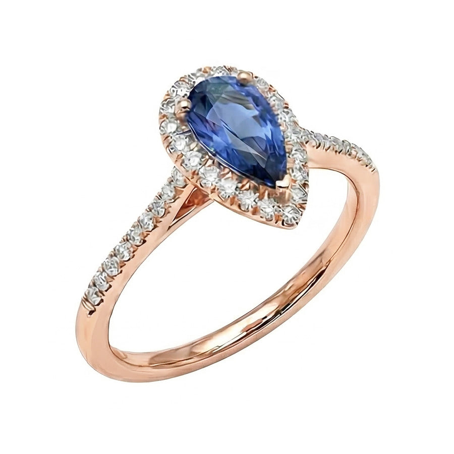 Anello Halo con diamanti zaffiro blu naturale Pear da 3 carati in oro rosa 14K